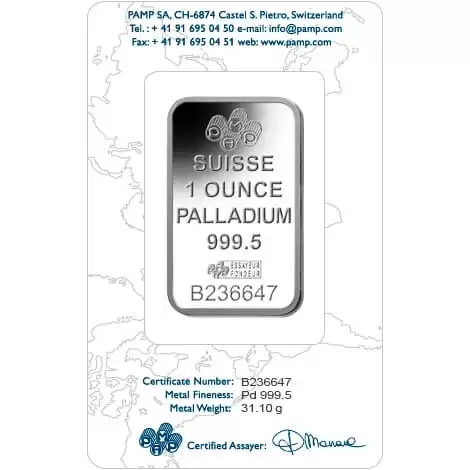 Platinum & Palladium 1oz PAMP Minted Bar Palladium